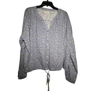 Wonderly Blue Geometric Diamond Button Front Drawstring Hem Blouse XXL Womens